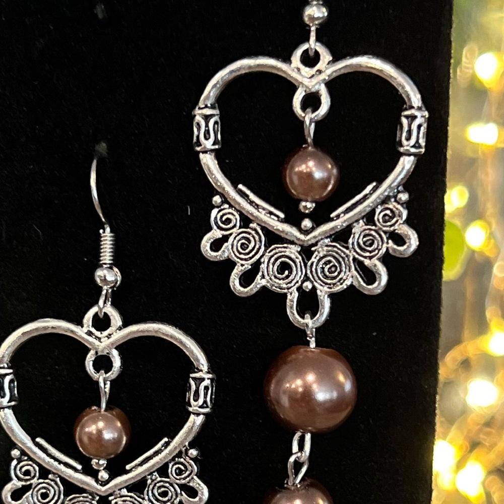NWOT - Elegant Silver and Brown Faux Pearl Heart Earrings